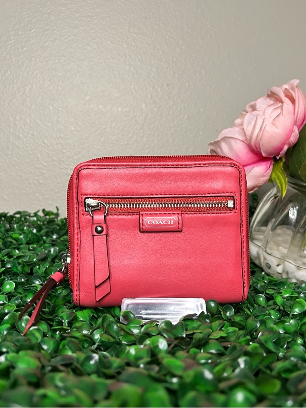 Coach Coral Pink Leather Zip Wallet with Front Pocket